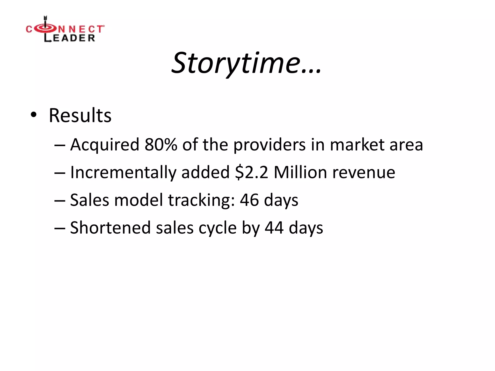 Storytime…
• Results
– Acquired 80% of the providers in market area
– Incrementally added $2.2 Million revenue
– Sales model tracking: 46 days
– Shortened sales cycle by 44 days
 