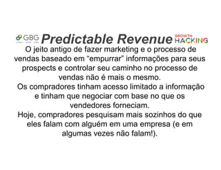Predictable Revenue
O jeito antigo de fazer marketing e o processo de
vendas baseado em “empurrar” informações para seus
prospects e controlar seu caminho no processo de
vendas não é mais o mesmo.
Os compradores tinham acesso limitado a informação
e tinham que negociar com base no que os
vendedores forneciam.
Hoje, compradores pesquisam mais sozinhos do que
eles falam com alguém em uma empresa (e em
algumas vezes não falam!).
 