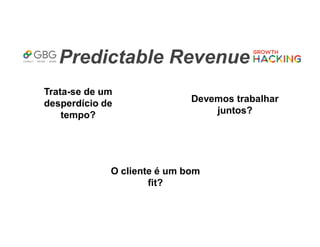 Predictable Revenue
Trata-se de um
desperdício de
tempo?
Devemos trabalhar
juntos?
O cliente é um bom
fit?
 