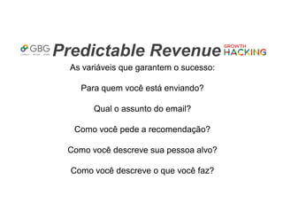 Predictable Revenue
As variáveis que garantem o sucesso:
Para quem você está enviando?
Qual o assunto do email?
Como você pede a recomendação?
Como você descreve sua pessoa alvo?
Como você descreve o que você faz?
 