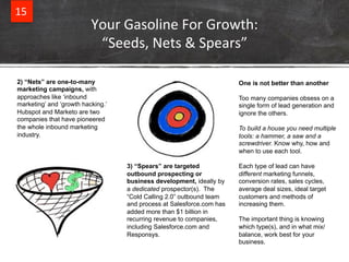 15% 
Your%Gasoline%For%Growth:%% 
“Seeds,%Nets%&%Spears”% 
2) “Nets” are one-to-many 
marketing campaigns, with 
approache...