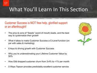 17% 
What%You’ll%Learn%In%This%SecBon% 
Customer Success is NOT free help, glorified support 
or an afterthought! 
• The p...