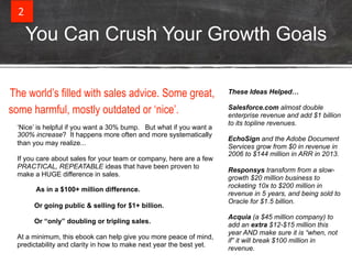2% 
You Can Crush Your Growth Goals 
‘Nice’ is helpful if you want a 30% bump. But what if you want a 
300% increase? It happens more often and more systematically 
than you may realize... 
If you care about sales for your team or company, here are a few 
PRACTICAL, REPEATABLE ideas that have been proven to 
make a HUGE difference in sales. 
As in a $100+ million difference. 
Or going public & selling for $1+ billion. 
Or “only” doubling or tripling sales. 
At a minimum, this ebook can help give you more peace of mind, 
predictability and clarity in how to make next year the best yet. 
These Ideas Helped… 
Salesforce.com almost double 
enterprise revenue and add $1 billion 
to its topline revenues. 
EchoSign and the Adobe Document 
Services grow from $0 in revenue in 
2006 to $144 million in ARR in 2013. 
Responsys transform from a slow-growth 
$20 million business to 
rocketing 10x to $200 million in 
revenue in 5 years, and being sold to 
Oracle for $1.5 billion. 
Acquia (a $45 million company) to 
add an extra $12-$15 million this 
year AND make sure it is “when, not 
if” it will break $100 million in 
revenue. 
The world’s filled with sales advice. Some great, 
some harmful, mostly outdated or ‘nice’. 
 