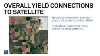 OVERALLYIELD CONNECTIONS
TO SATELLITE
Not much correlation between
yield and satellite derived NDWI
Yield data from seven fields
shows no clear patterns
 