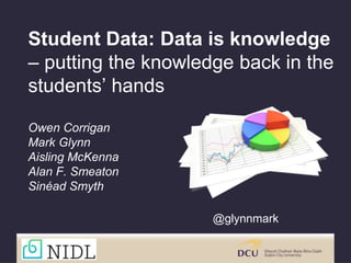 Student Data: Data is knowledge
– putting the knowledge back in the
students’ hands
Owen Corrigan
Mark Glynn
Aisling McKenna
Alan F. Smeaton
Sinéad Smyth
@glynnmark
 