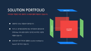 SOLUTION PORTFOLIO
● 전통적인 GIS는 연결성이 떨어집니다.
● 비즈니스 분석을 담당하던 BI는 위치정보의 중요성으로
인해 Map 서비스를 도입하고 있지만 보조적인 수준에
머물러 있습니다.
● GIS와 BI가 유기적으로 결합된 Location Intelligence
Needs가 증가하고 있습니다.
ANALYTICS
LOCATION
CONTEXT
DISCOVERY
지리정보 역량은 모든 종류의 시스템과 툴에 적용되고 있습니다.
 