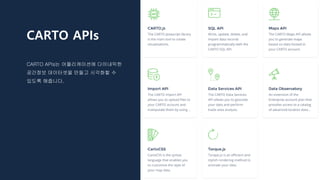 CARTO APIs
CARTO APIs는 어플리케이션에 다이내믹한
공간정보 데이터셋을 만들고 시각화할 수
있도록 해줍니다.
 