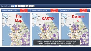 CARTO
Tile
Map
Dynami
c
로딩
0.8S
로딩
0.02S
로딩
63S
Carto의 모든 데이터는 동적 캐쉬 방식으로 지도상에
표현되기 때문에 빠르며, 속성조회가 가능합니다.
 