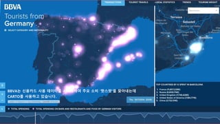BBVA는 신용카드 사용 데이타를 시각화하여 주요 소비 ‘핫스팟’을 찾아내는데
CARTO를 사용하고 있습니다.
 