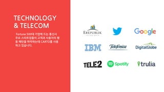 TECHNOLOGY
& TELECOM
Fortune 500대 기업에 드는 통신사
주요 스타트업들이 고객과 사용자의 행
동 패턴을 파악하는데 CARTO를 사용
하고 있습니다.
 