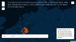 2013년 유럽 리서치 연구소인 라이프왓치(Lifewatch)는 조류 레이더 감지 시스템인 ROBIN을 이용해 밤 시간동안
철새의 이동경로를 파악하고자 했습니다. CARTO는 일몰 후 2시간동의 변화를 30초 단위로 지도 위에 맵핑하여
조류 연구에 도움을 주었습니다.
 