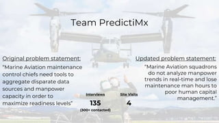 1
Team PredictiMx
“Marine Aviation maintenance
control chiefs need tools to
aggregate disparate data
sources and manpower
...