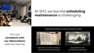 11
At SFO, we learned scheduling
maintenance is challenging
This was
consistent with
our observations
with the Marines
Marines aircraft tracker &
work prioritization board
Daily Marine Mx
scheduling meeting
Observations from Yuma & Miramar visits
 