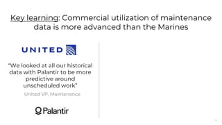 19
Key learning: Commercial utilization of maintenance
data is more advanced than the Marines
“We looked at all our historical
data with Palantir to be more
predictive around
unscheduled work”
United VP, Maintenance
 