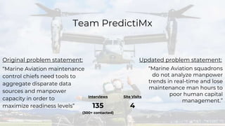 1
Team PredictiMx
“Marine Aviation maintenance
control chiefs need tools to
aggregate disparate data
sources and manpower
capacity in order to
maximize readiness levels” 135
(300+ contacted)
Interviews
“Marine Aviation squadrons
do not analyze manpower
trends in real-time and lose
maintenance man hours to
poor human capital
management.”
Original problem statement: Updated problem statement:
4
Site Visits
 