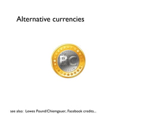 Alternative currencies




see also: Lewes Pound/Chiemgauer, Facebook credits...
 