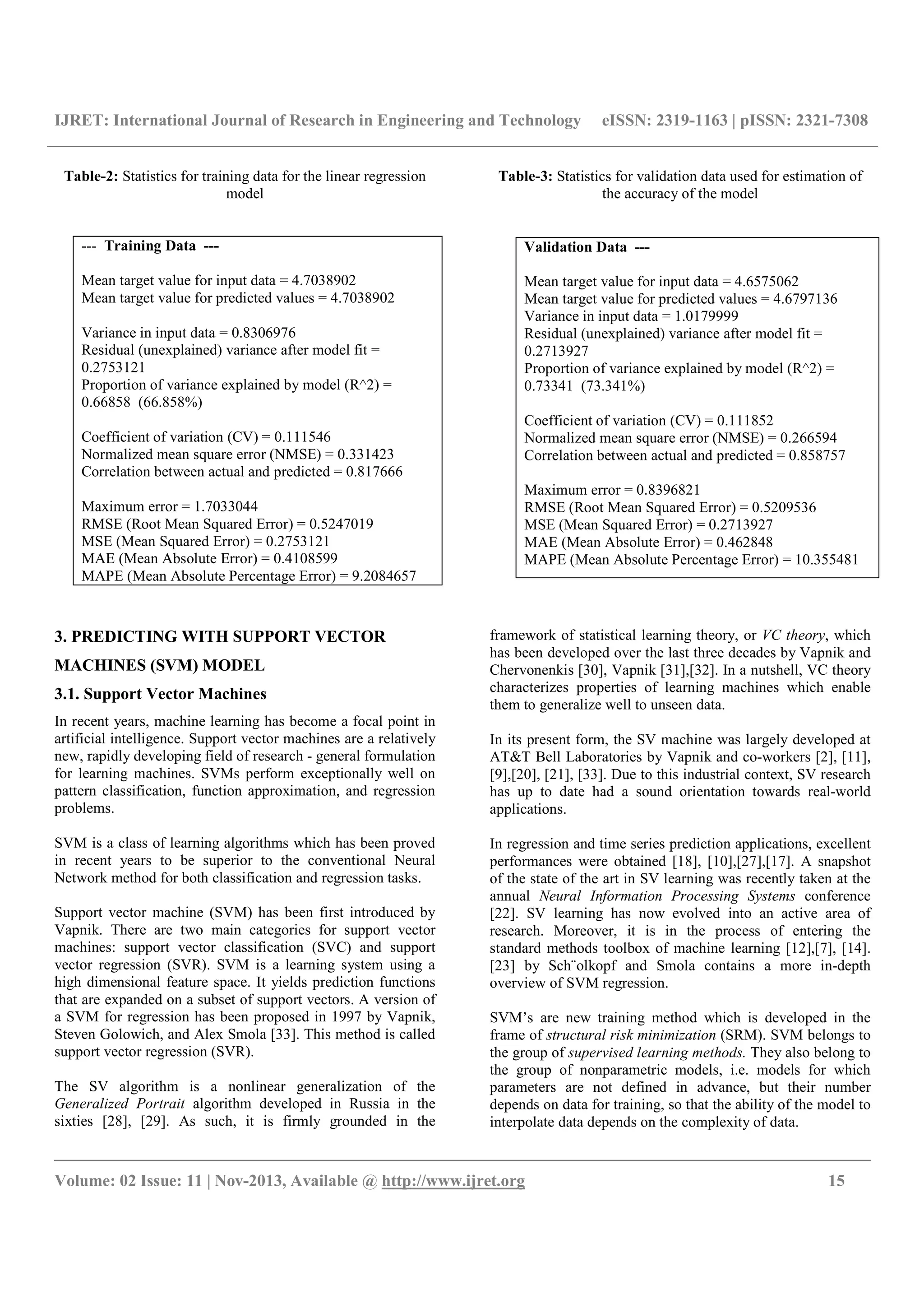 IJRET: International Journal of Research in Engineering and Technology eISSN: 2319-1163 | pISSN: 2321-7308
__________________________________________________________________________________________
Volume: 02 Issue: 11 | Nov-2013, Available @ http://www.ijret.org 15
Table-2: Statistics for training data for the linear regression
model
Table-3: Statistics for validation data used for estimation of
the accuracy of the model
3. PREDICTING WITH SUPPORT VECTOR
MACHINES (SVM) MODEL
3.1. Support Vector Machines
In recent years, machine learning has become a focal point in
artificial intelligence. Support vector machines are a relatively
new, rapidly developing field of research - general formulation
for learning machines. SVMs perform exceptionally well on
pattern classification, function approximation, and regression
problems.
SVM is a class of learning algorithms which has been proved
in recent years to be superior to the conventional Neural
Network method for both classification and regression tasks.
Support vector machine (SVM) has been first introduced by
Vapnik. There are two main categories for support vector
machines: support vector classification (SVC) and support
vector regression (SVR). SVM is a learning system using a
high dimensional feature space. It yields prediction functions
that are expanded on a subset of support vectors. A version of
a SVM for regression has been proposed in 1997 by Vapnik,
Steven Golowich, and Alex Smola [33]. This method is called
support vector regression (SVR).
The SV algorithm is a nonlinear generalization of the
Generalized Portrait algorithm developed in Russia in the
sixties [28], [29]. As such, it is firmly grounded in the
framework of statistical learning theory, or VC theory, which
has been developed over the last three decades by Vapnik and
Chervonenkis [30], Vapnik [31],[32]. In a nutshell, VC theory
characterizes properties of learning machines which enable
them to generalize well to unseen data.
In its present form, the SV machine was largely developed at
AT&T Bell Laboratories by Vapnik and co-workers [2], [11],
[9],[20], [21], [33]. Due to this industrial context, SV research
has up to date had a sound orientation towards real-world
applications.
In regression and time series prediction applications, excellent
performances were obtained [18], [10],[27],[17]. A snapshot
of the state of the art in SV learning was recently taken at the
annual Neural Information Processing Systems conference
[22]. SV learning has now evolved into an active area of
research. Moreover, it is in the process of entering the
standard methods toolbox of machine learning [12],[7], [14].
[23] by Sch¨olkopf and Smola contains a more in-depth
overview of SVM regression.
SVM’s are new training method which is developed in the
frame of structural risk minimization (SRM). SVM belongs to
the group of supervised learning methods. They also belong to
the group of nonparametric models, i.e. models for which
parameters are not defined in advance, but their number
depends on data for training, so that the ability of the model to
interpolate data depends on the complexity of data.
--- Training Data ---
Mean target value for input data = 4.7038902
Mean target value for predicted values = 4.7038902
Variance in input data = 0.8306976
Residual (unexplained) variance after model fit =
0.2753121
Proportion of variance explained by model (R^2) =
0.66858 (66.858%)
Coefficient of variation (CV) = 0.111546
Normalized mean square error (NMSE) = 0.331423
Correlation between actual and predicted = 0.817666
Maximum error = 1.7033044
RMSE (Root Mean Squared Error) = 0.5247019
MSE (Mean Squared Error) = 0.2753121
MAE (Mean Absolute Error) = 0.4108599
MAPE (Mean Absolute Percentage Error) = 9.2084657
Validation Data ---
Mean target value for input data = 4.6575062
Mean target value for predicted values = 4.6797136
Variance in input data = 1.0179999
Residual (unexplained) variance after model fit =
0.2713927
Proportion of variance explained by model (R^2) =
0.73341 (73.341%)
Coefficient of variation (CV) = 0.111852
Normalized mean square error (NMSE) = 0.266594
Correlation between actual and predicted = 0.858757
Maximum error = 0.8396821
RMSE (Root Mean Squared Error) = 0.5209536
MSE (Mean Squared Error) = 0.2713927
MAE (Mean Absolute Error) = 0.462848
MAPE (Mean Absolute Percentage Error) = 10.355481
 