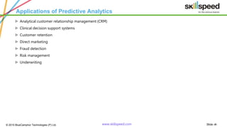 Slide ‹#›© 2015 BlueCamphor Technologies (P) Ltd. www.skillspeed.com
Applications of Predictive Analytics
ᗍ Analytical customer relationship management (CRM)
ᗍ Clinical decision support systems
ᗍ Customer retention
ᗍ Direct marketing
ᗍ Fraud detection
ᗍ Risk management
ᗍ Underwriting
 