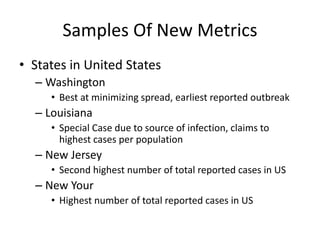 Samples Of New Metrics
• States in United States
– Washington
• Best at minimizing spread, earliest reported outbreak
– Louisiana
• Special Case due to source of infection, claims to
highest cases per population
– New Jersey
• Second highest number of total reported cases in US
– New Your
• Highest number of total reported cases in US
 