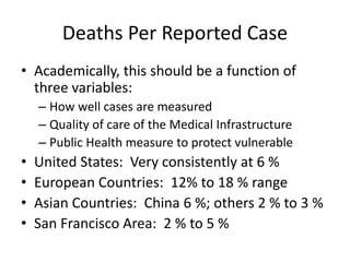 Deaths Per Reported Case
• Academically, this should be a function of
three variables:
– How well cases are measured
– Quality of care of the Medical Infrastructure
– Public Health measure to protect vulnerable
• United States: Very consistently at 6 %
• European Countries: 12% to 18 % range
• Asian Countries: China 6 %; others 2 % to 3 %
• San Francisco Area: 2 % to 5 %
 