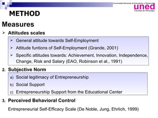 METHOD
Measures
 Attitudes scales
    General attitude towards Self-Employment
    Attitude funtions of Self-Employment (Grande, 2001)
    Specific attitudes towards: Achievement, Innovation, Independence,
      Change, Risk and Salary (EAO, Robinson et al., 1991)
2. Subjective Norm
   a) Social legitimacy of Entrepreneurship
   b) Social Support
   c) Entrepreneurship Support from the Educational Center

3. Perceived Behavioral Control

  Entrepreneurial Self-Efficacy Scale (De Noble, Jung, Ehrlich, 1999)
 