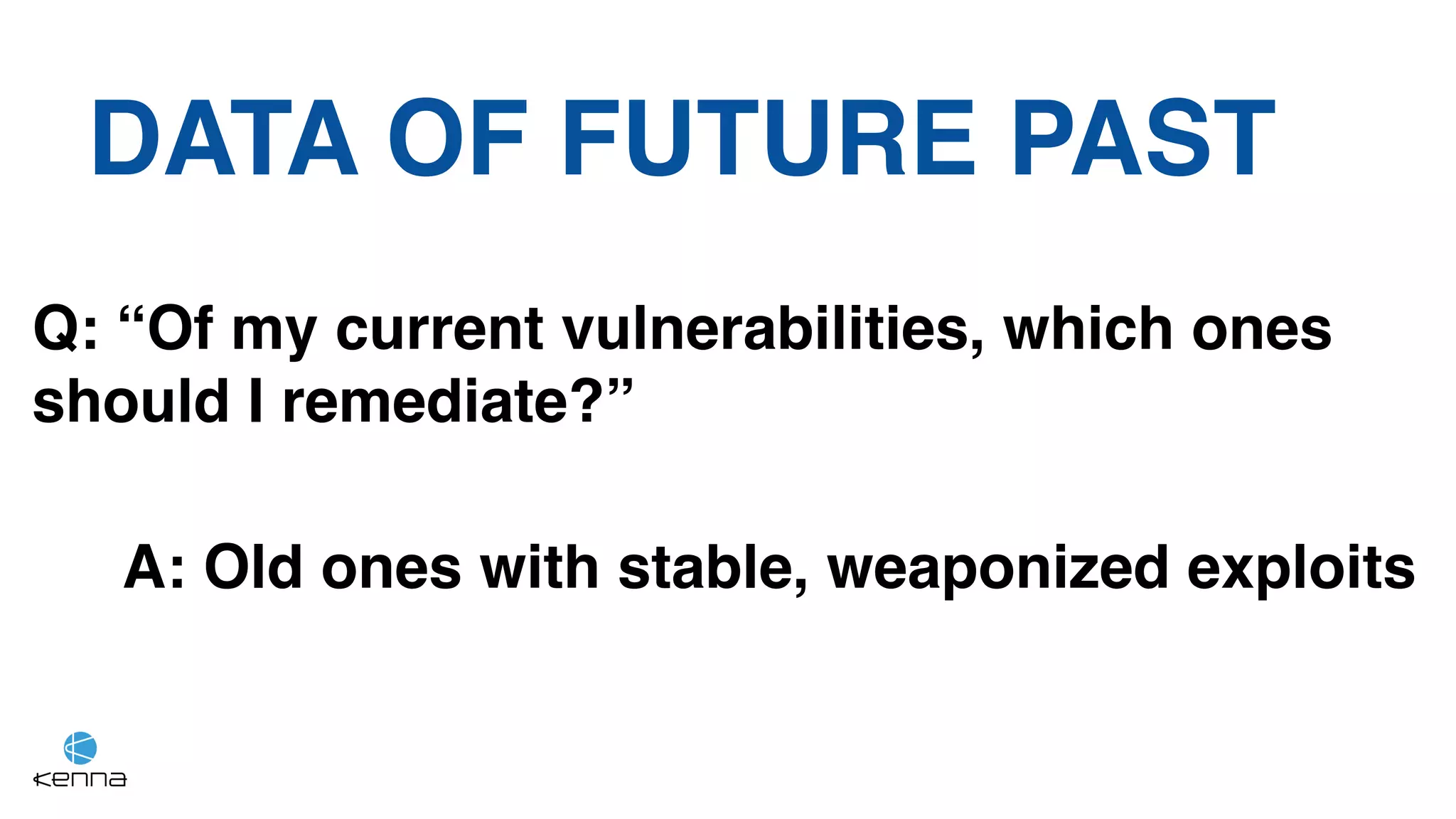 DATA OF FUTURE PAST
Q: “Of my current vulnerabilities, which ones
should I remediate?”
A: Old ones with stable, weaponized exploits
 