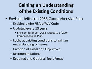 Gaining an Understanding
of the Existing Conditions
• Envision Jefferson 2035 Comprehensive Plan
– Enabled under §8A of WV Code
– Updated every 10 years
• Envision Jefferson 2035 is update of 2004
Comprehensive Plan
– Looks at existing conditions to gain an
understanding of issues
– Creation of Goals and Objectives
– Recommendations
– Required and Optional Topic Areas
 