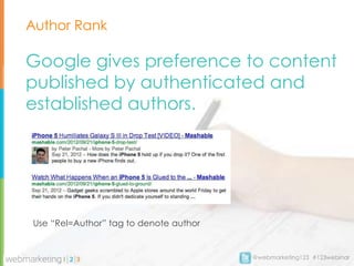 Author Rank

Google gives preference to content
published by authenticated and
established authors.




Use “Rel=Author” tag to denote author


                                        @webmarketing123 #123webinar
 
