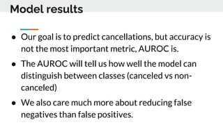 Model results
● Our goal is to predict cancellations, but accuracy is
not the most important metric, AUROC is.
● The AUROC will tell us how well the model can
distinguish between classes (canceled vs non-
canceled)
● We also care much more about reducing false
negatives than false positives.
 