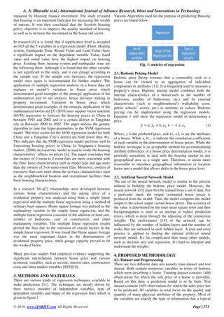 A. N. Bharathi et al.; International Journal of Advance Research, Ideas and Innovations in Technology
© 2019, www.IJARIIT.com All Rights Reserved Page | 371
impacted by Housing finance investment. The study revealed
that housing is an important Indicator for increasing the wealth
of nations. It was then concluded that the Scottish housing
policy objective is to improve the quality standard of housing
as well as to increase the investment in the house old sector.
In research [8] it is found that if significance level is accepted
as 0.05 all the 5 variables in a regression model (Floor, Heating
system, Earthquake Zone, Rental Value and Land Value) have
a significant impact on the dependent variable Value. Land
value and rental value have the highest impact on housing
price. Existing floor, heating system and earthquake zone are
the following them. Although it is found that the other variable
is not significant in the study, and it can change according to
the sample size. If the sample size increases, the regression
model once again is recommended for further studies. The
application of multiple regression analysis in a house data set
explains or model’s variation in house price which
demonstrated good examples of the strategic application of the
mathematical tool to aid analysis, hence decision making in
property investment. Variation in house price which
demonstrated good examples of the strategic application of the
mathematical tool to aid [5] (2010) uses support vector machine
(SVM) regression to forecast the housing prices in China in
between 1993 and 2002 and in a certain district in Tangshan
city in Between 2000 to 2002. The paper utilizes the genetic
algorithm to tune the hyper-parameters in the SVM regression
model. The error scores for the SVM regression model for both
China and a Tangshan City’s district are both lower than 4%.
This indicates that the SVM regression model performs well in
forecasting housing prices in China. In Singapore’s housing
market, (2006) decision tree model is used to study the housing
characteristics’ effects on prices [6]. The paper concludes that
the owners of 2-room to 4-room flats are more concerned with
the flats’ basic characteristics such as model type and age more
than the owners of 5-or-more-room flats. Moreover, owners of
executive flats care more about the services characteristics such
as the neighbourhood location and recreational facilities than
basic housing characteristics.
In a research 2014[7] relationships were developed between
various home characteristics and the asking price of a
residential property was analyzed using both a simple linear
regression and the multiple linear regression using a method of
ordinary least squares. Home square footage was utilized as the
explanatory variable in the simple linear regression, and the
multiple linear regression consisted of the addition of land size,
number of bedrooms, year of construction, and other
explanatory variables. The multiple linear regression results
proved the bias due to the omission of crucial factors in the
simple linear regression. It was found that Home square footage
was the most important factor in the determination of
residential property price, while garage capacity proved to be
the weakest factor.
Many previous studies find empirical evidence supporting the
significant interrelations between house price and various
economic variables, such as income, interest rates, construction
costs and labor market variables [8][9][10].
3. METHODS AND MATERIALS
There are various kinds of regression techniques available to
make predictions [11]. The techniques are mostly driven by
three metrics (number of independent variables, type of
dependent variables and shape of the regression line) which is
given in figure 1.
Various Algorithms used for the purpose of predicting Housing
prices are listed below.
Fig. 1: metrics of regression
3.1. Hedonic Pricing Model
Hedonic price theory assumes that a commodity such as a
house can be viewed as an aggregation of individual
components or attributes [12]. It is frequently used to measure a
property’s price. Hedonic pricing model combines both the
internal characteristics of a house(such as the number of
bedrooms, number of bathrooms, etc.) and its external
characteristic (such as neighbourhood’s walkability score,
public schools’ scores, etc.) to estimate its values. Hedonic
pricing can be implemented using the regression models.
Equation 1 will show the regression model in determining a
price.
𝑦 = 𝑎. 𝑥1 + b. 𝑥2 + ⋯ + n. 𝑥1 (1)
Where, y is the predicted price, and x1, x2, xi are the attributes
of a house. While a, b,... n indicate the correlation coefficients
of each variable in the determination of house prices. While the
hedonic technique is an acceptable method for accommodating
attribute differences of a house price determination model, it is
generally unrealistic to deal with the housing market in any
geographical area as a single unit. Therefore, it seems more
reasonable to introduce geographical information or location
factor into a model that allows shifts in the house price level.
3.2. Artificial Neural Network Model
The use of the neural network model is similar to the process
utilized in building the hedonic price model. However, the
neural network [13] must first be trained from a set of data. For
a particular input, the output (estimated house price) is
produced from the model. Then, the model compares the model
output to the actual output (actual house price). The accuracy of
the value is determined by the total mean square error and then
backpropagation is used in an attempt to reduce prediction
errors, which is done through the adjusting of the connection
weights. The performance [14] of the network can be
influenced by the number of hidden layers and the number of
nodes that are included in each hidden layer. A trial and error
process is applied to finding the optimal artificial neural
network model. It's far complicated than many other models,
such as decision tree and regression. It's hard to interpret and
understand the weights.
4. PROPOSED METHODOLOGY
4.1. Dataset and Preprocessing
There are two different data sets namely train dataset and test
dataset. Both contain numerous variables in terms of features
which were describing a house. Training dataset contains 1460
observations for which the sale price of a house is provided.
Based on this data, a prediction model is to be built. Test
dataset contains 1459 observations for which the sales price has
to be predicted. 80 variables in total focus on the quality and
quantity of many physical attributes of the property. Most of
the variables are exactly the type of information that a typical
 