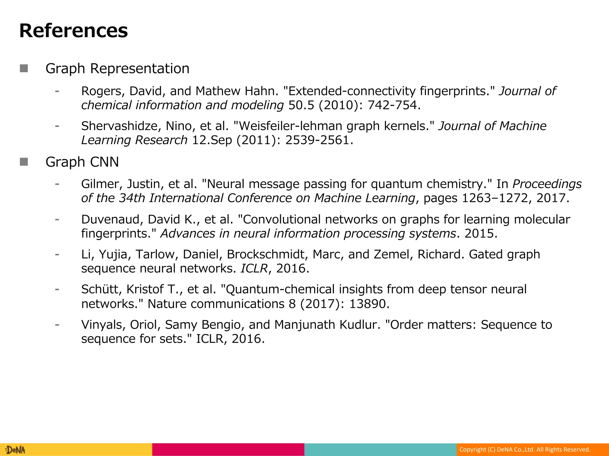 Copyright (C) DeNA Co.,Ltd. All Rights Reserved.
n 4 ESK HS HVHQWEWLRQ
a RJH V" 2EYLG" EQG :EWKHZ 5EKQ 3 WHQGHG RQQH WLYLW ILQJH S LQWV
,) , )
a KH YEVKLG H" LQR" HW EO BHLVIHLOH OHK EQ J ESK NH QHOV
HS (.
n 4 ESK 1
a 4LO H " 7 VWLQ" HW EO H EO HVVEJH SEVVLQJ IR T EQW KH LVW 6Q
" SEJHV ( , " ,
a 2 YHQE G" 2EYLG 8 " HW EO 1RQYRO WLRQEO QHWZR NV RQ J ESKV IR OHE QLQJ ROH OE
ILQJH S LQWV
a 9L" C MLE" E ORZ" 2EQLHO" 0 R NV K LGW" :E " EQG DH HO" L KE G 4EWHG J ESK
VHT HQ H QH EO QHWZR NV "
a K WW" 8 LVWRI " HW EO EQW KH L EO LQVLJKWV I R GHHS WHQVR QH EO
QHWZR NV EW H R QL EWLRQV - , (-.
a LQ EOV" LRO" E 0HQJLR" EQG :EQM QEWK 8 GO GH EWWH V HT HQ H WR
VHT HQ H IR VHWV 619 "
 