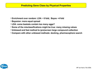 Predicting Gene Class by Physical Properties Enrichment over random: LDA ~ 6 fold,  Bayes ~4 fold Bayesian: more equal spread LDA: some baskets contain too many eggs? Some of the misclassifications might be true: many missing values Unbiased and fast method to (pre)screen large compound collection Compare with other unbiased methods: docking, pharmacophore search 