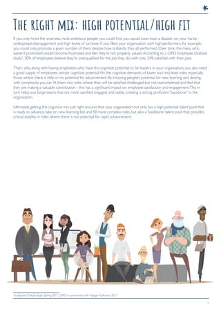 5
The right mix: high potential/high ﬁt
If you only hired the smartest, most-ambitious people you could find, you would soon have a disaster on your hands -
widespread disengagement and high levels of turnover. If you filled your organisation with high-performers, for example,
you could only promote a given number of them despite how brilliantly they all performed. Over time, the many who
weren’t promoted would become frustrated and feel they’re not properly valued.According to a CIPD Employee Outlook
study4
, 30% of employees believe they’re overqualified for the job they do, with only 24% satisfied with their jobs.
That’s why, along with having employees who have the cognitive potential to be leaders in your organisation, you also need
a good supply of employees whose cognitive potential fits the cognitive demands of lower and mid-level roles, especially
those where there is little or no potential for advancement. By knowing people’s potential for new learning and dealing
with complexity, you can fit them into roles where they will be satisfied, challenged but not overwhelmed and feel that
they are making a valuable contribution - this has a significant impact on employee satisfaction and engagement.This in
turn helps you forge teams that are more satisfied, engaged and stable, creating a strong, proficient “backbone” in the
organisation.
Ultimately, getting the cognitive mix just right ensures that your organisation not only has a high potential talent pool that
is ready to advance, take on new learning fast and fill more complex roles, but also a ’backbone’ talent pool that provides
critical stability in roles where there is not potential for rapid advancement.
4
Employee Outlook study Spring 2017, CIPD in partnership with Halogen Software, 2017
 