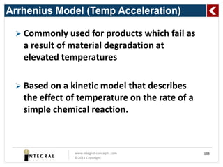 Arrhenius Model (Temp Acceleration)

  Commonly used for products which fail as
   a result of material degradation at
   elevated temperatures

  Based on a kinetic model that describes
   the effect of temperature on the rate of a
   simple chemical reaction.



               www.integral-concepts.com        133
               ©2012 Copyright
 