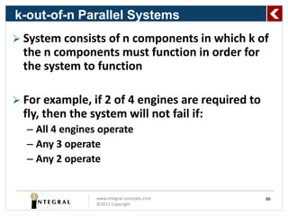 k-out-of-n Parallel Systems
 System consists of n components in which k of
  the n components must function in order for
  the system to function

 For example, if 2 of 4 engines are required to
  fly, then the system will not fail if:
  – All 4 engines operate
  – Any 3 operate
  – Any 2 operate


                 www.integral-concepts.com         86
                 ©2012 Copyright
 