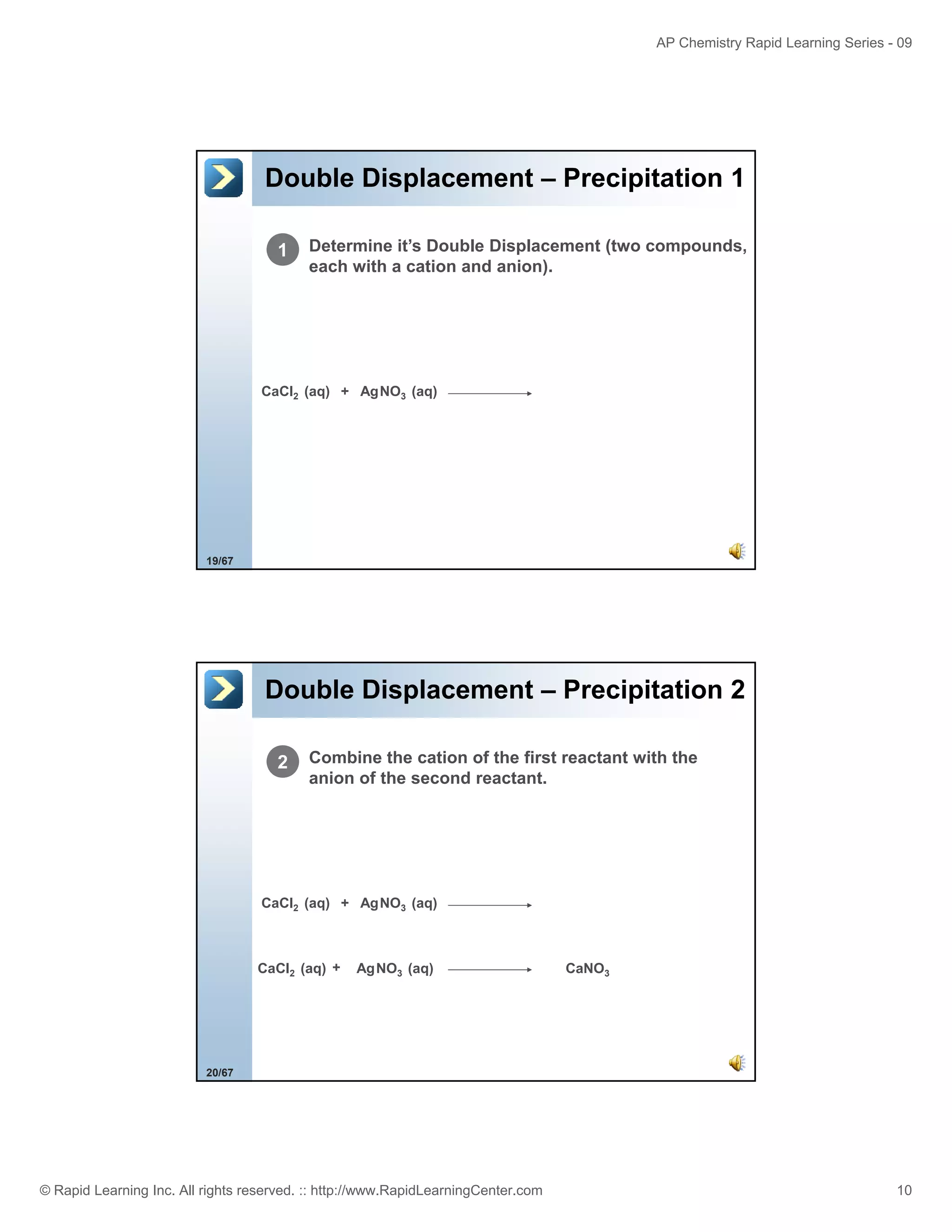 AP Chemistry Rapid Learning Series - 09

Double Displacement – Precipitation 1
1

Determine it’s Double Displacement (two compounds,
each with a cation and anion).

CaCl2 (aq) + AgNO3 (aq)

19/67

Double Displacement – Precipitation 2
2

Combine the cation of the first reactant with the
anion of the second reactant.

CaCl2 (aq) + AgNO3 (aq)

CaCl2 (aq) +

AgNO3 (aq)

CaNO3

20/67

© Rapid Learning Inc. All rights reserved. :: http://www.RapidLearningCenter.com

10

 