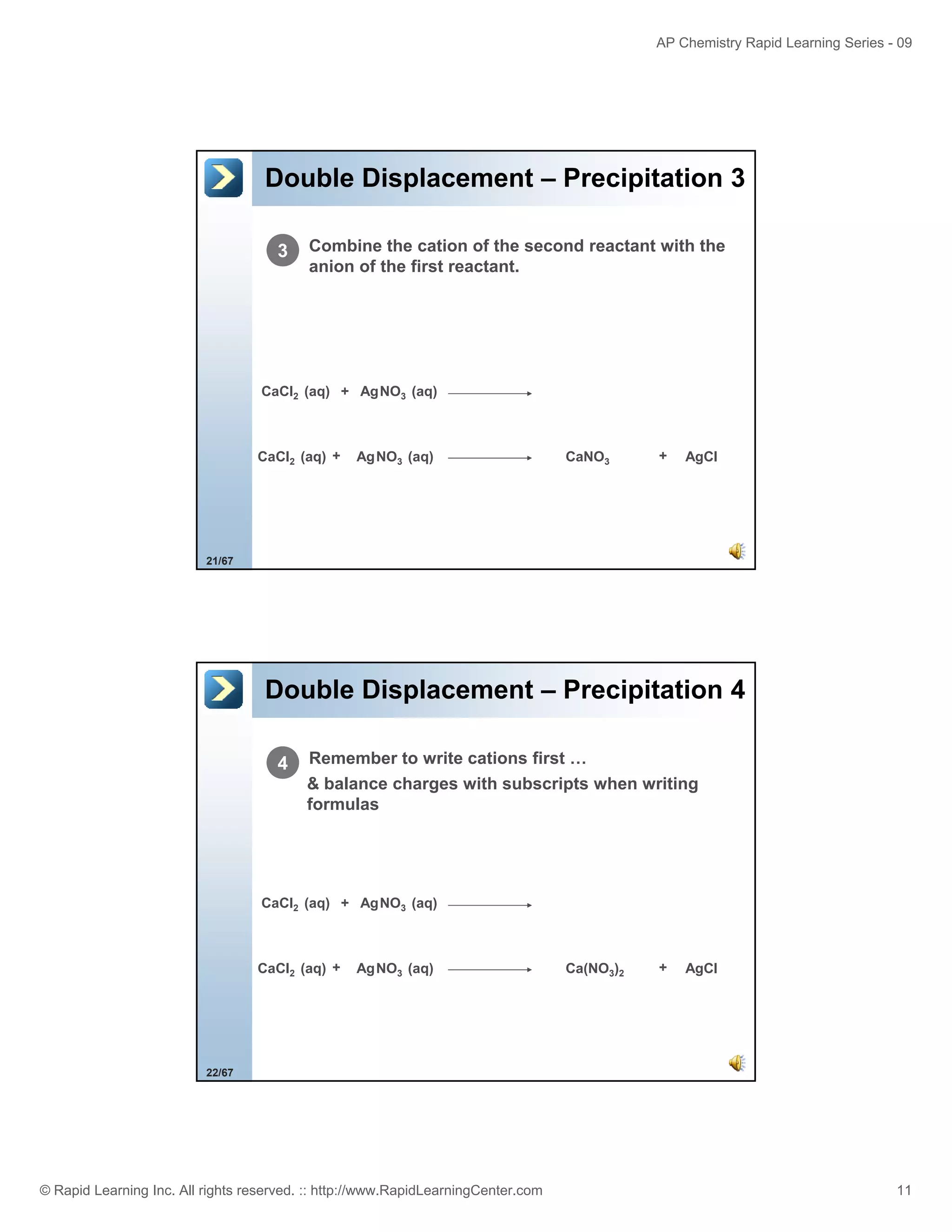 AP Chemistry Rapid Learning Series - 09

Double Displacement – Precipitation 3
3

Combine the cation of the second reactant with the
anion of the first reactant.

CaCl2 (aq) + AgNO3 (aq)

CaCl2 (aq) +

AgNO3 (aq)

CaNO3

+

AgCl

21/67

Double Displacement – Precipitation 4
4

Remember to write cations first …
& balance charges with subscripts when writing
formulas

CaCl2 (aq) + AgNO3 (aq)

CaCl2 (aq) +

AgNO3 (aq)

Ca(NO3)2

+

AgCl

22/67

© Rapid Learning Inc. All rights reserved. :: http://www.RapidLearningCenter.com

11

 