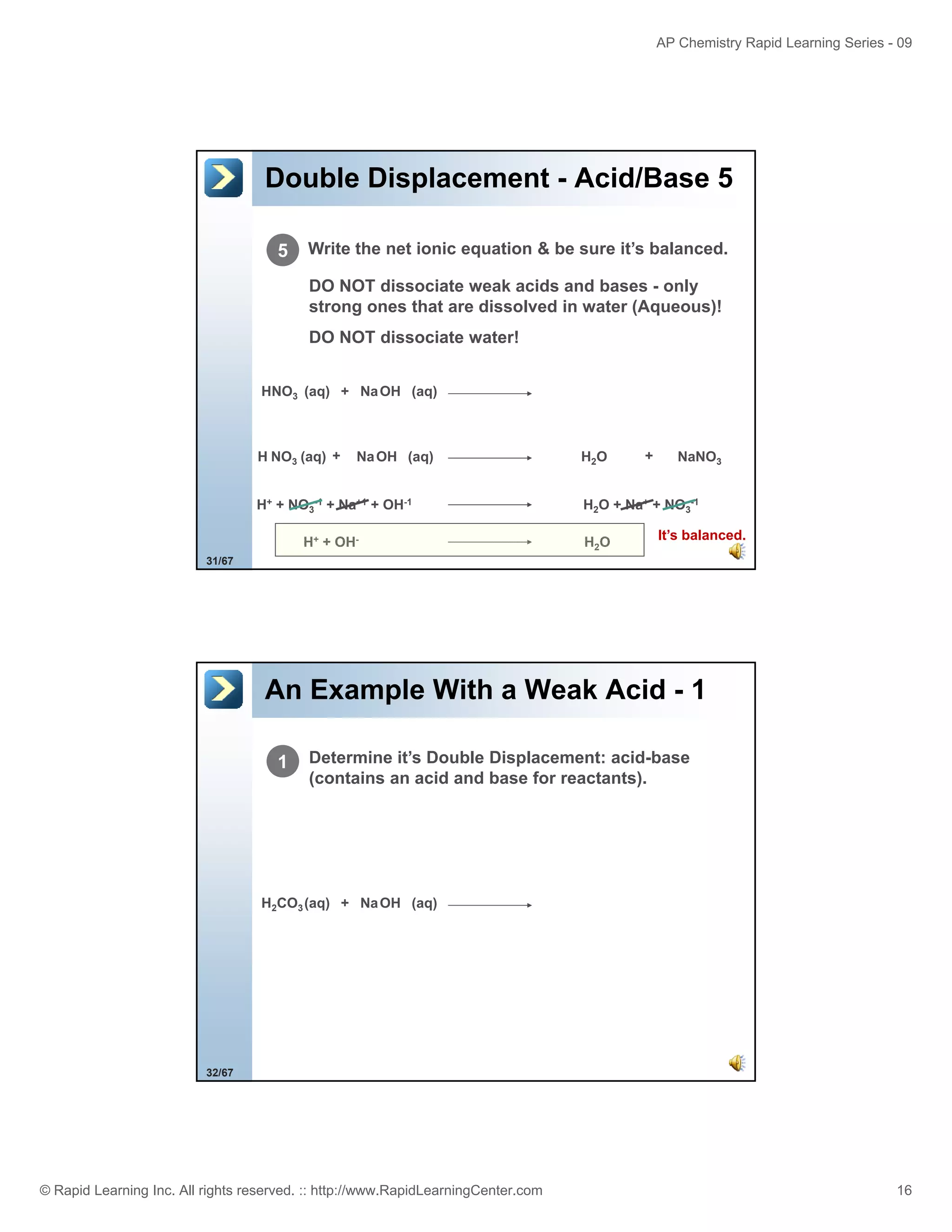 AP Chemistry Rapid Learning Series - 09

Double Displacement - Acid/Base 5
5

Write the net ionic equation & be sure it’s balanced.
DO NOT dissociate weak acids and bases - only
strong ones that are dissolved in water (Aqueous)!
DO NOT dissociate water!

HNO3 (aq) + Na OH (aq)

H NO3 (aq) +

Na OH (aq)

H+ + NO3-1 + Na+1 + OH-1
H+ + OH-

H2O

+

NaNO3

H2O + Na+ + NO3-1
H2O

It’s balanced.

31/67

An Example With a Weak Acid - 1
1

Determine it’s Double Displacement: acid-base
(contains an acid and base for reactants).

H2CO3 (aq) + Na OH (aq)

32/67

© Rapid Learning Inc. All rights reserved. :: http://www.RapidLearningCenter.com

16

 