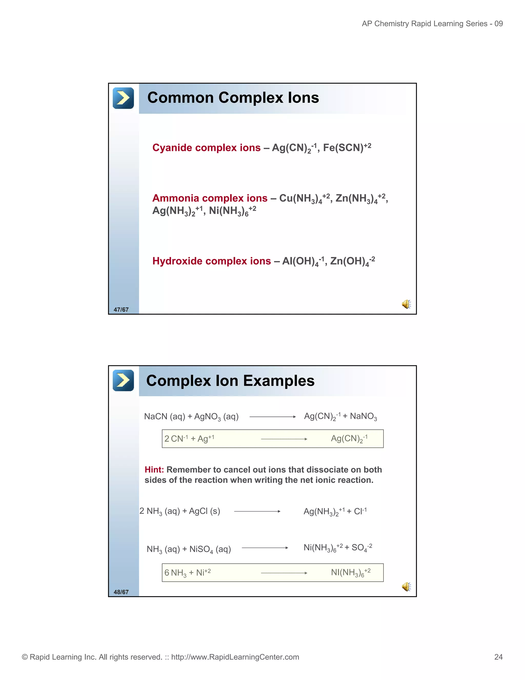 AP Chemistry Rapid Learning Series - 09

Common Complex Ions
Cyanide complex ions – Ag(CN)2-1, Fe(SCN)+2

Ammonia complex ions – Cu(NH3)4+2, Zn(NH3)4+2,
Ag(NH3)2+1, Ni(NH3)6+2

Hydroxide complex ions – Al(OH)4-1, Zn(OH)4-2

47/67

Complex Ion Examples
NaCN (aq) + AgNO3 (aq)
2 CN-1 + Ag+1
g

Ag(CN)2-1 + NaNO3
Ag(CN)2-1
g( )

Hint: Remember to cancel out ions that dissociate on both
sides of the reaction when writing the net ionic reaction.

2 NH3 (aq) + AgCl (s)

NH3 (aq) + NiSO4 (aq)
6 NH3 + Ni+2

Ag(NH3)2+1 + Cl-1

Ni(NH3)6+2 + SO4-2
NI(NH3)6+2

48/67

© Rapid Learning Inc. All rights reserved. :: http://www.RapidLearningCenter.com

24

 