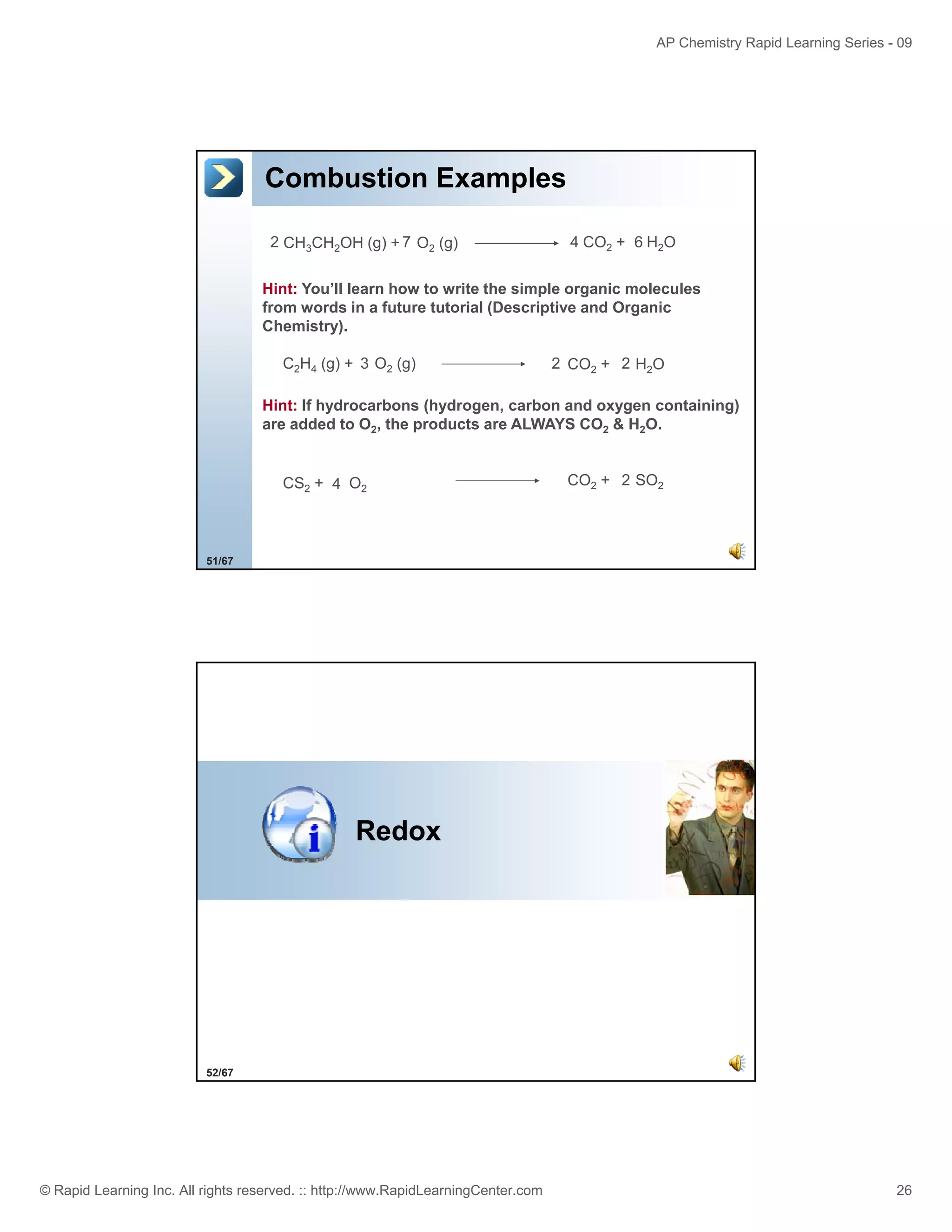 AP Chemistry Rapid Learning Series - 09

Combustion Examples
2 CH3CH2OH (g) + 7 O2 (g)

4 CO2 + 6 H2O

Hint: You’ll learn how to write the simple organic molecules
You ll
from words in a future tutorial (Descriptive and Organic
Chemistry).
C2H4 (g) + 3 O2 (g)

2 CO2 + 2 H2O

Hint: If hydrocarbons (hydrogen, carbon and oxygen containing)
are added to O2, the products are ALWAYS CO2 & H2O.
p

CS2 + 4 O2

CO2 + 2 SO2

51/67

Redox

52/67

© Rapid Learning Inc. All rights reserved. :: http://www.RapidLearningCenter.com

26

 