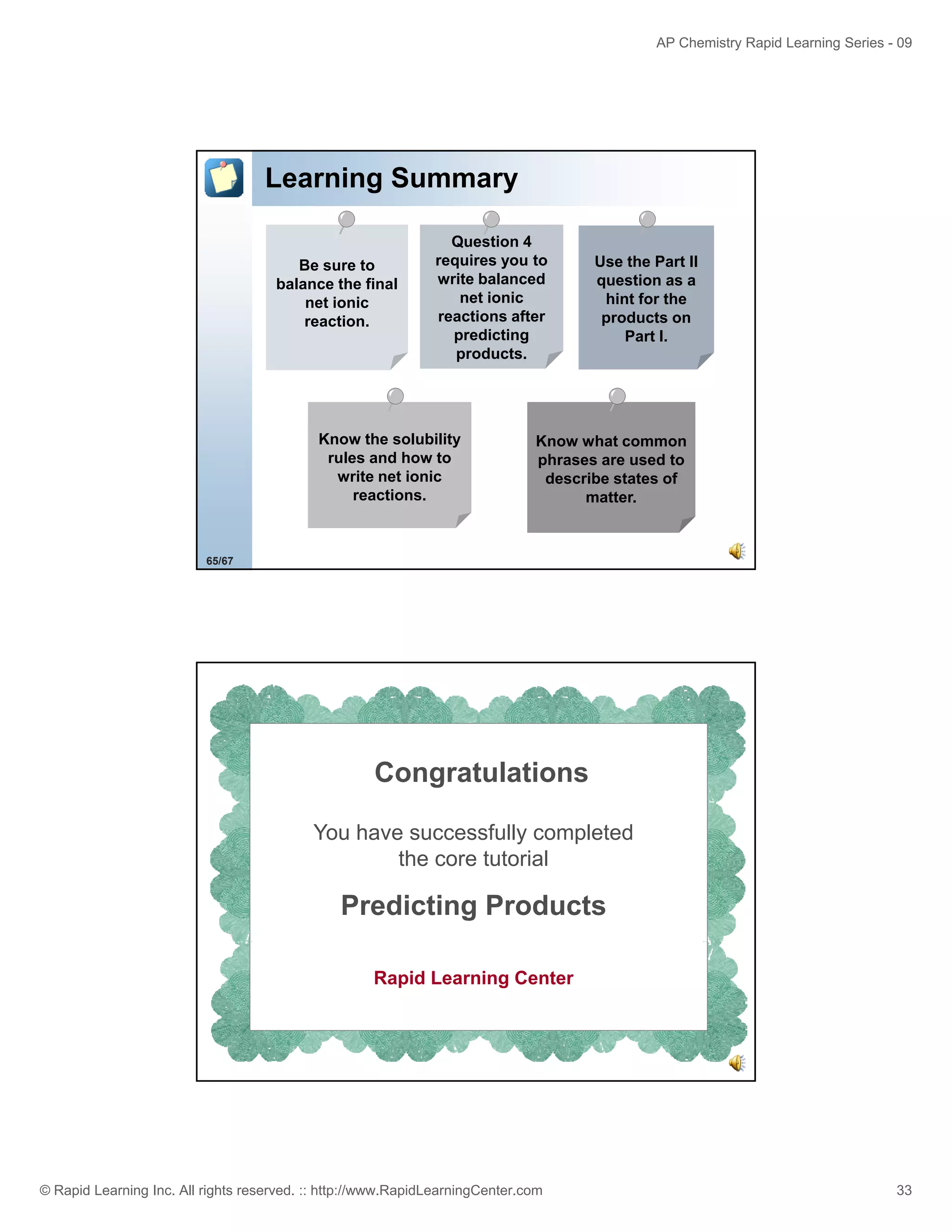 AP Chemistry Rapid Learning Series - 09

Learning Summary
Be sure to
balance the final
net ionic
reaction.

Question 4
requires you to
write balanced
net ionic
reactions after
predicting
products.

Know the solubility
rules and how to
write net ionic
reactions.

Use the Part II
question as a
hint for the
products on
Part I.

Know what common
phrases are used to
describe states of
matter.

65/67

Congratulations
You have successfully completed
the core tutorial

Predicting Products
Rapid Learning Center

© Rapid Learning Inc. All rights reserved. :: http://www.RapidLearningCenter.com

33

 