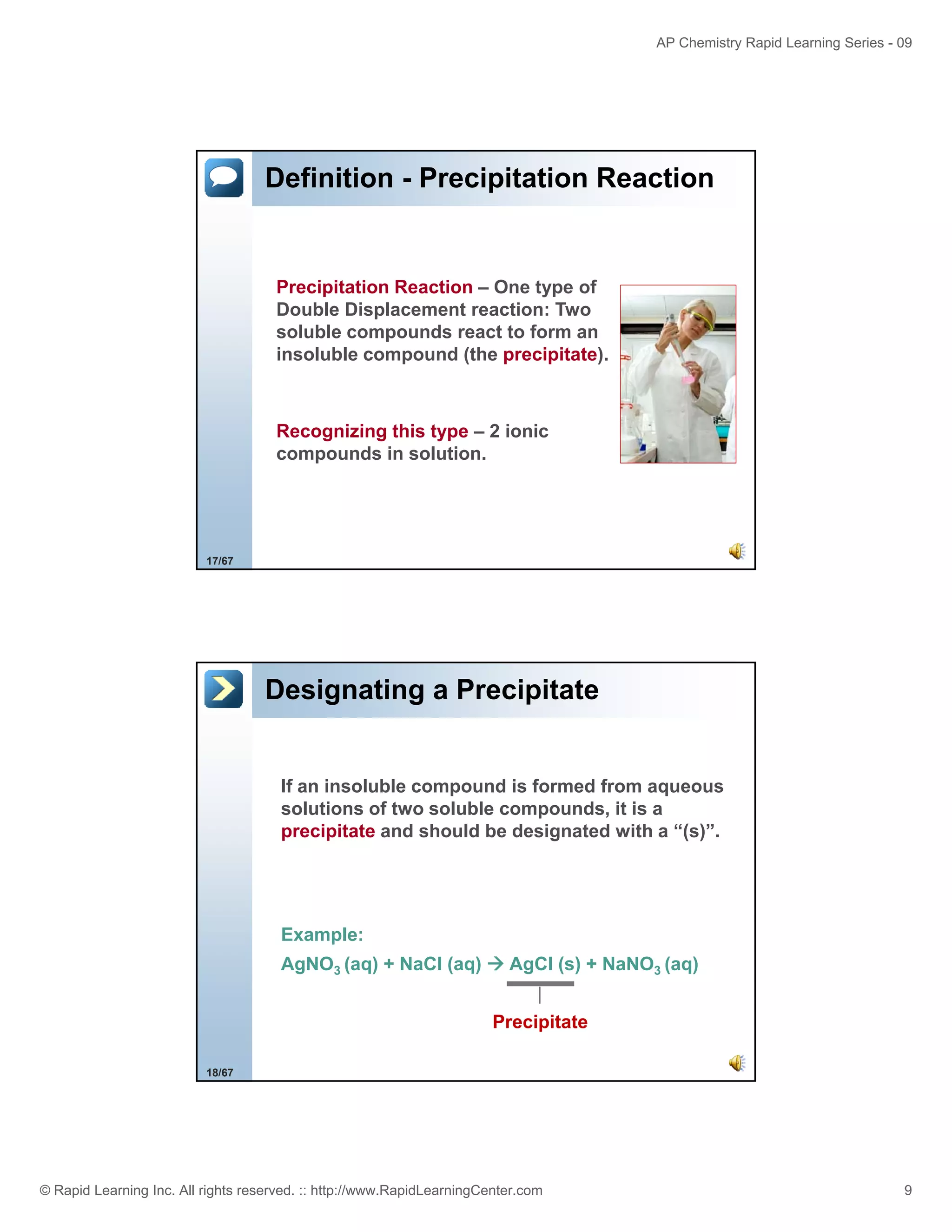 AP Chemistry Rapid Learning Series - 09

Definition - Precipitation Reaction

Precipitation Reaction – One type of
Double Displacement reaction: Two
soluble compounds react to form an
insoluble compound (the precipitate).

Recognizing this type – 2 ionic
compounds in solution.

17/67

Designating a Precipitate

If an insoluble compound is formed from aqueous
solutions of two soluble compounds, it is a
l ti
ft
l bl
d
i
precipitate and should be designated with a “(s)”.

Example:
p
AgNO3 (aq) + NaCl (aq)

AgCl (s) + NaNO3 (aq)
Precipitate

18/67

© Rapid Learning Inc. All rights reserved. :: http://www.RapidLearningCenter.com

9

 