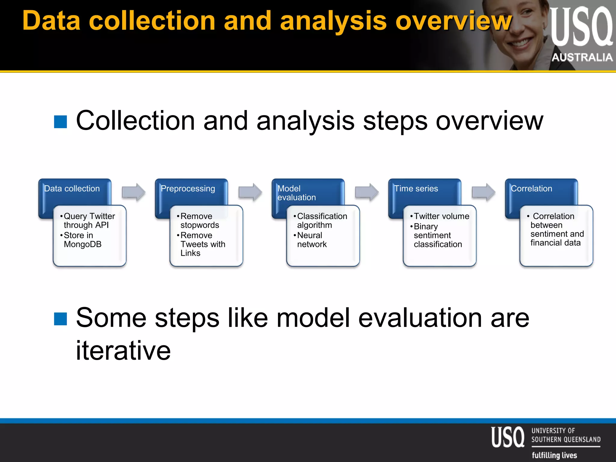 Data collection and analysis overview
Data collection
•Query Twitter
through API
•Store in
MongoDB
Preprocessing
•Remove
stopwords
•Remove
Tweets with
Links
Model
evaluation
•Classification
algorithm
•Neural
network
Time series
•Twitter volume
•Binary
sentiment
classification
Correlation
• Correlation
between
sentiment and
financial data
 Collection and analysis steps overview
 Some steps like model evaluation are
iterative
 