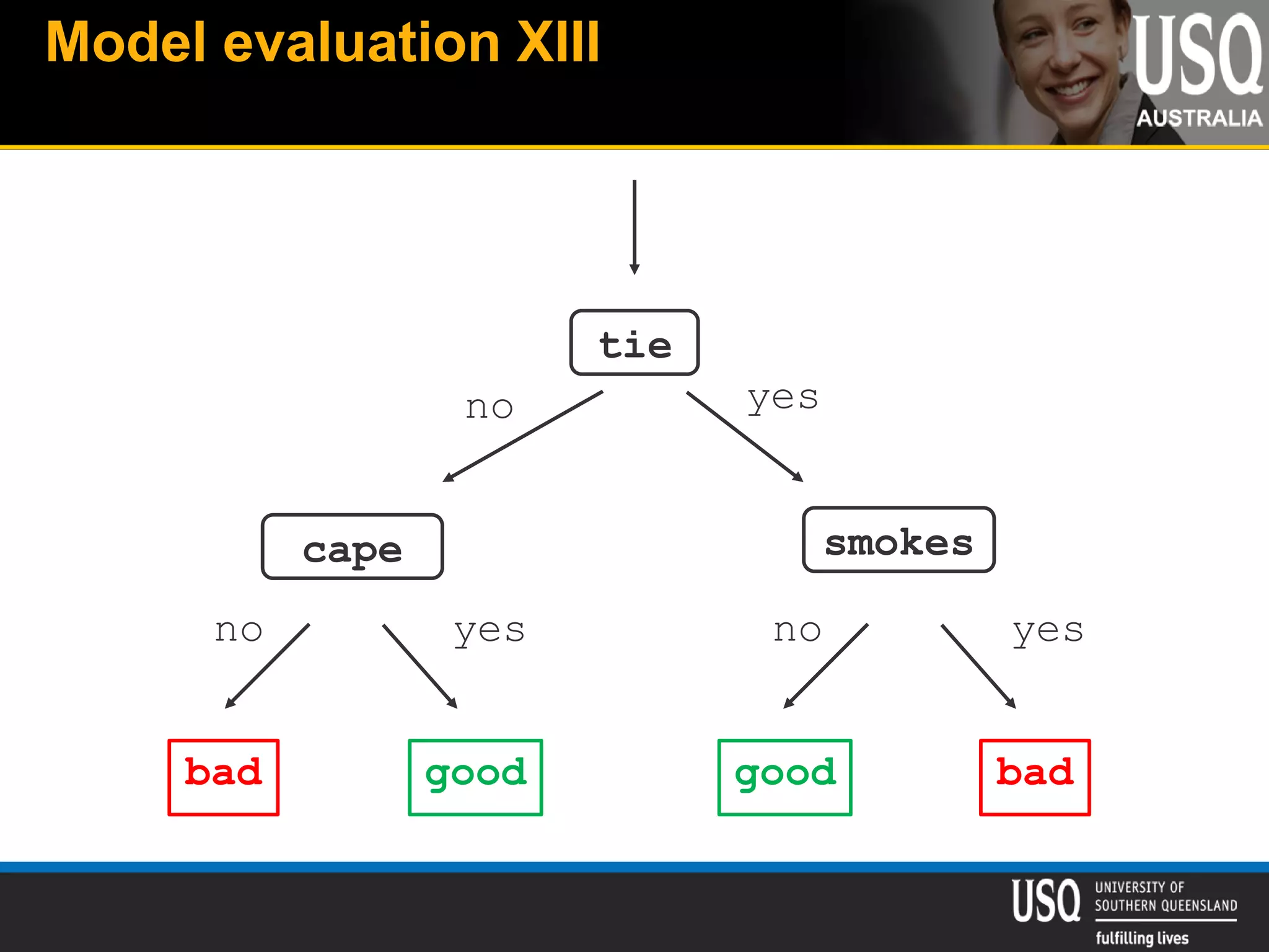 Model evaluation XIII
tie
no yes
cape smokes
no yes no yes
bad badgood good
 