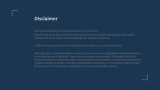 The views mentioned in this presentation my /our own.
Data if used, in the document have been sourced from available information in the public
domain and has not been authenticated by any statutory authority.
I /We are not associated with or affiliated to Heineken or any of its associates.
Although every reasonable effort is made to present current or appropriate information, there
are no guarantees of any kind. Data accuracy cannot be guaranteed. All analysis included
herein are based on data from public sources, but no representation or warranty, expressed or
implied, is made as to their accuracy, completeness, timeliness, or correctness. I am not liable
for any errors or inaccuracies, regardless of cause to you (readers, users).
Disclaimer
 