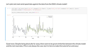 Le ' plo me ma ind peed da a again he da a from he ERA5 clima e model!
I [7]:
Good ne : De pi e being ph icall far a a , here eem o be grea imilari ie be een he clima e model
and he me ma da a. (Thi i no al a he ca e, b i i here o make hi orial f n and ea .)
O [7]:
l _da a = d.c ca ([da a[' d_58']. e am le('1W').mea (), l _da a['e a5_0'][' d']. e am le('1W').mea ()], a i =1)
l _da a.c l m = ['Mea eme ', 'LT Refe e ce']
b . l _ ime e ie ( l _da a, da e_f m='2017')
 