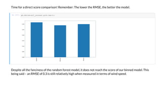 Time for a direct score comparison! Remember: The lo er the RMSE, the better the model.
I [17]:
Despite all the fanciness of the random forest model, it does not reach the score of our binned model. This
being said an RMSE of 0.3 is still relativel high hen measured in terms of ind speed.
.S (a _ c ). .ba ();
 