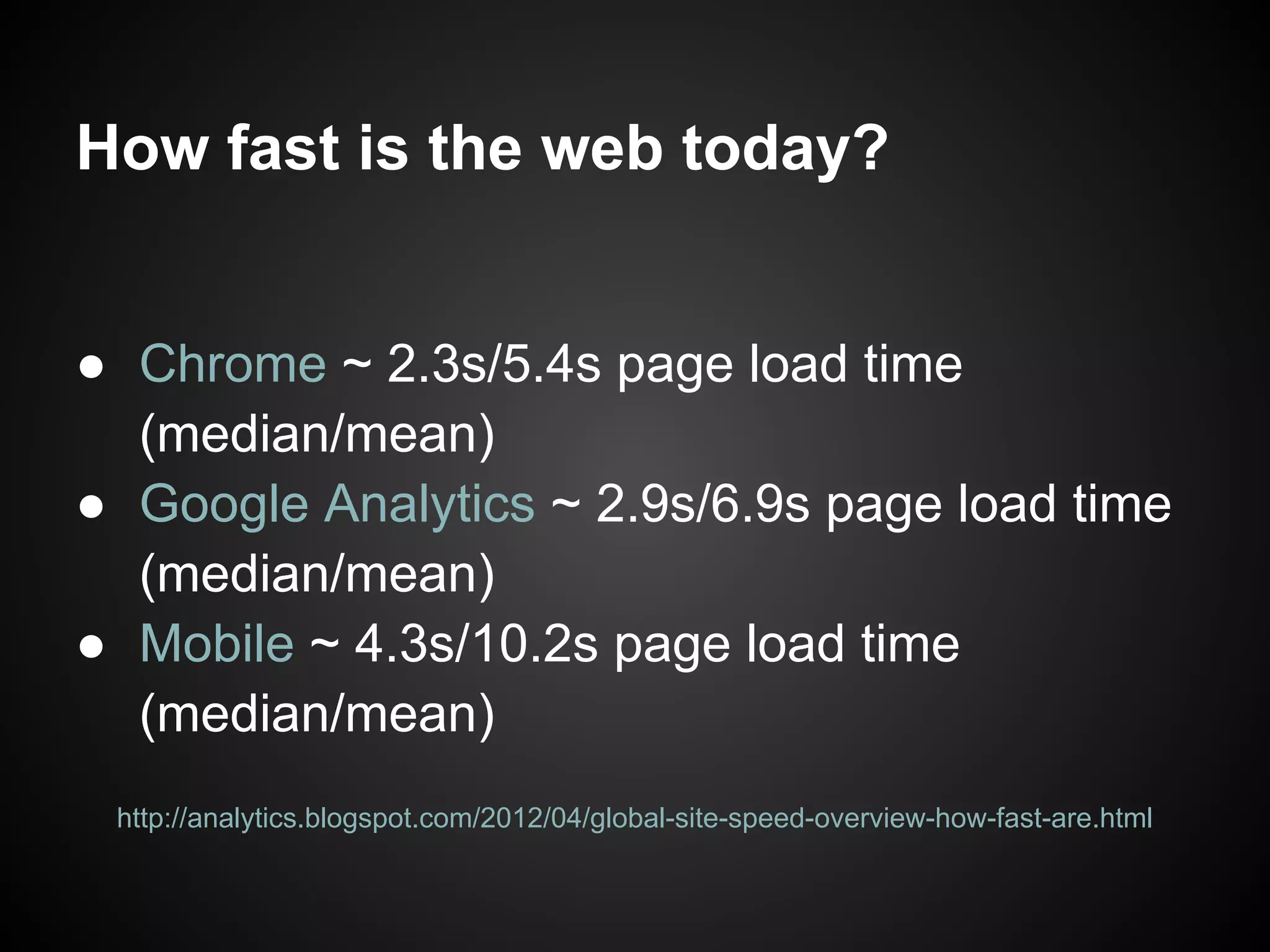 How fast is the web today? ● Chrome ~ 2.3s/5.4s page load time (median/mean) ● Google Analytics ~ 2.9s/6.9s page load time (median/mean) ● Mobile ~ 4.3s/10.2s page load time (median/mean) http://analytics.blogspot.com/2012/04/global-site-speed-overview-how-fast-are.html 