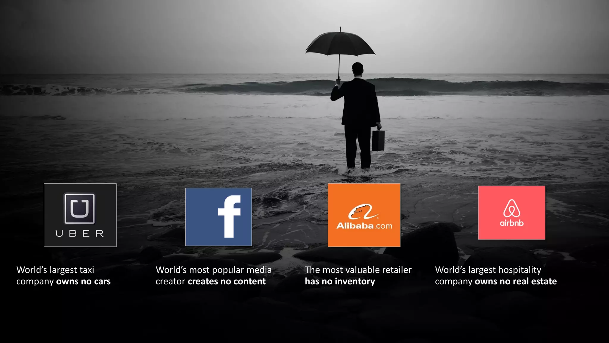 World’s most popular media
creator creates no content
World’s largest taxi
company owns no cars
The most valuable retailer
has no inventory
World’s largest hospitality
company owns no real estate
 
