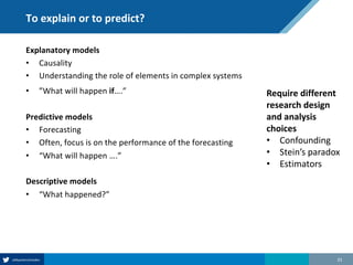 To explain or to predict?
Explanatory models
• Causality
• Understanding the role of elements in complex systems
• ”What will happen if….”
Predictive models
• Forecasting
• Often, focus is on the performance of the forecasting
• “What will happen ….”
Descriptive models
• “What happened?”
31
Require different
research design
and analysis
choices
• Confounding
• Stein’s paradox
• Estimators
 